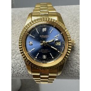 Gruen 321-2015 Ladies‎ Watch New Battery 26MM 6.75" Gold Tone Blue Dial S76
